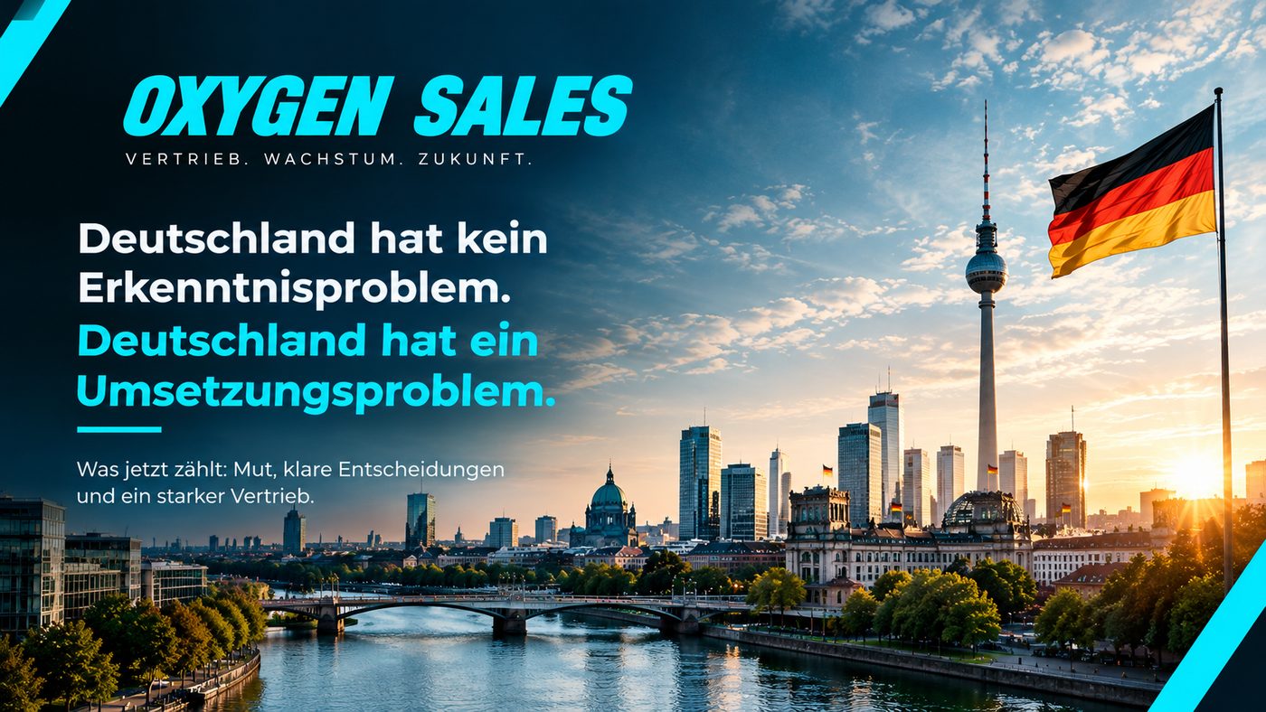 Oxygen Sales: Deutschland hat kein Erkenntnisproblem. Deutschland hat ein Umsetzungsproblem. Skyline von Berlin mit Fernsehturm und Deutschlandflagge bei Sonnenuntergang.